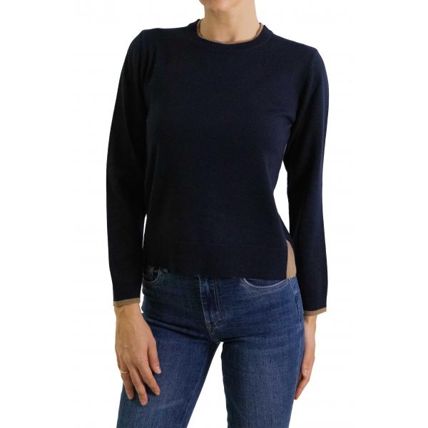 Maglione girocollo tinta unita con contrasti di colore 